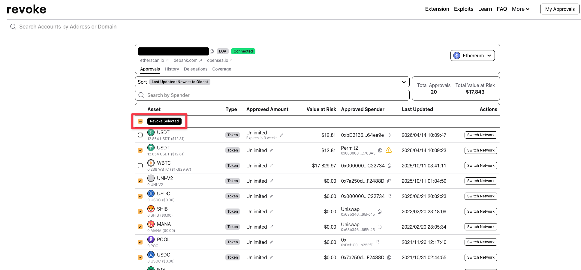 Revoke.cash 承認一覧画面